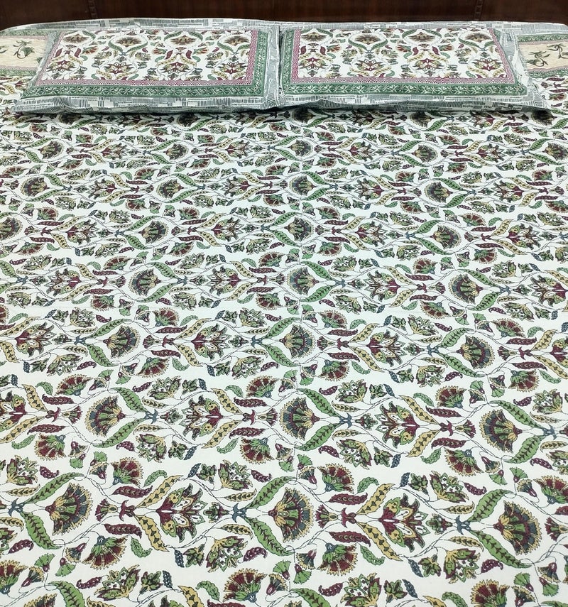 Floral Print Cotton Bedsheet Set with 2 Pillow Covers, King Size 254x274 cm, White and Green - Image 2