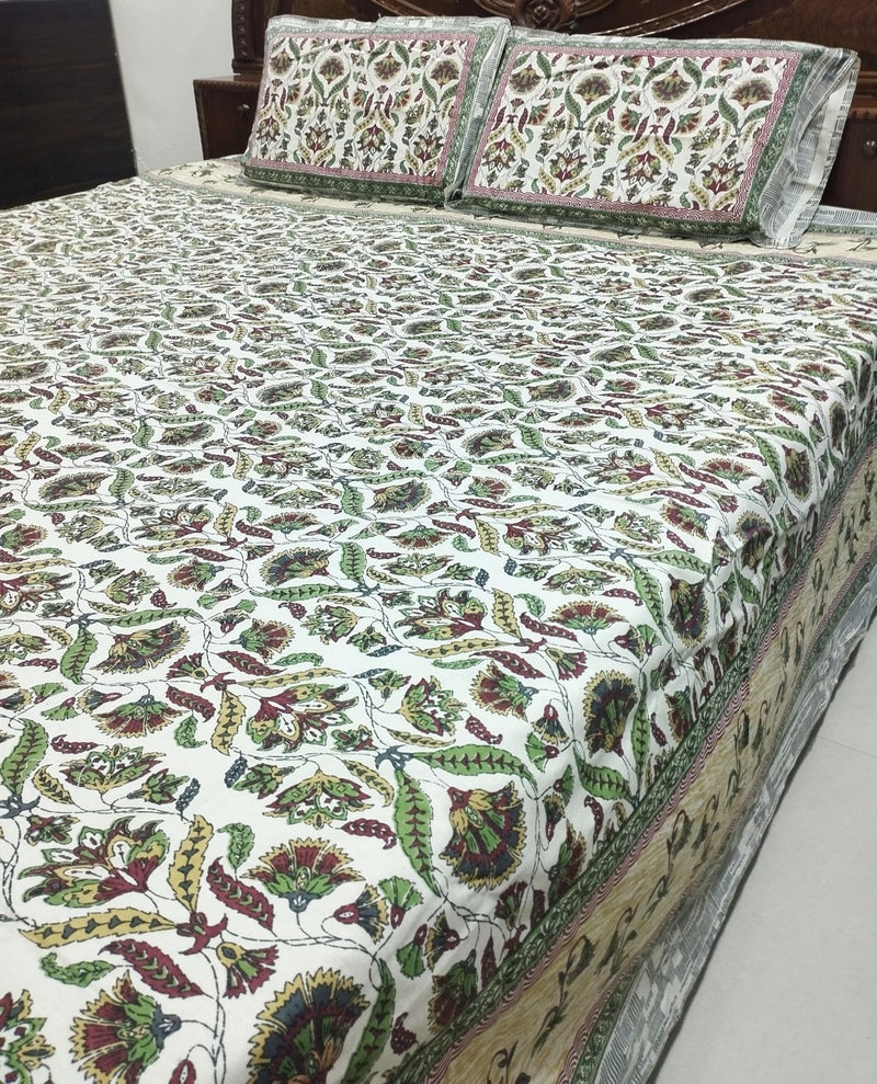 Floral Print Cotton Bedsheet Set with 2 Pillow Covers, King Size 254x274 cm, White and Green - Image 1