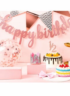 SYOSI 31 Pcs Half Birthday Decorations Baby Girl Rose Gold, Birthday Decorations 6 Months Happy Birthday Banner Set Glitter Half Birthday Crown Hat Balloons Cake Topper Triangle Flag Banner Bow Tie  - Image 4