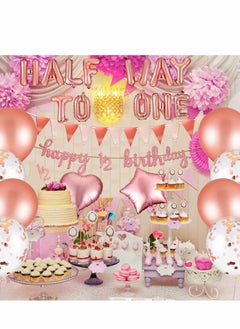 SYOSI 31 Pcs Half Birthday Decorations Baby Girl Rose Gold, Birthday Decorations 6 Months Happy Birthday Banner Set Glitter Half Birthday Crown Hat Balloons Cake Topper Triangle Flag Banner Bow Tie  - Image 2