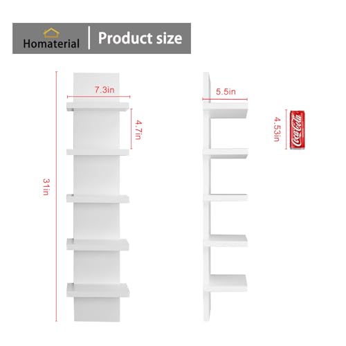 Homaterial 5 Tier Wall Shelf Unit, Small White Vertical Floating Shelf-Narrow Decorative Wall Mount Modern Wall Decor Shelves for Bedrooms, Living Rooms - Image 2