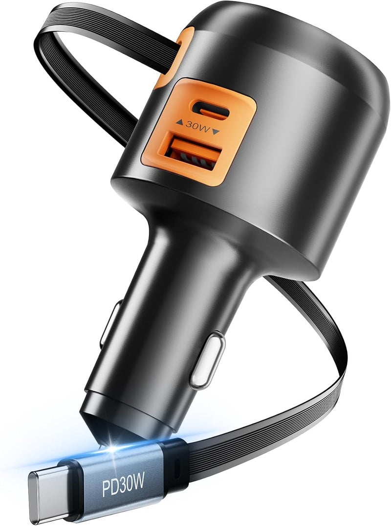 XXZU شاحن السيارة السريع XXZU 3 في 1، شاحن السيارة القابل للسحب بقوة 60W مع كابل USB C مدمج بطول 70 سم، محول ولاعة السجائر بمنفذي USB C و USB A، متوافق مع سلسلة iPhone، Samsung Galaxy، Pixel، iPad - Image 1