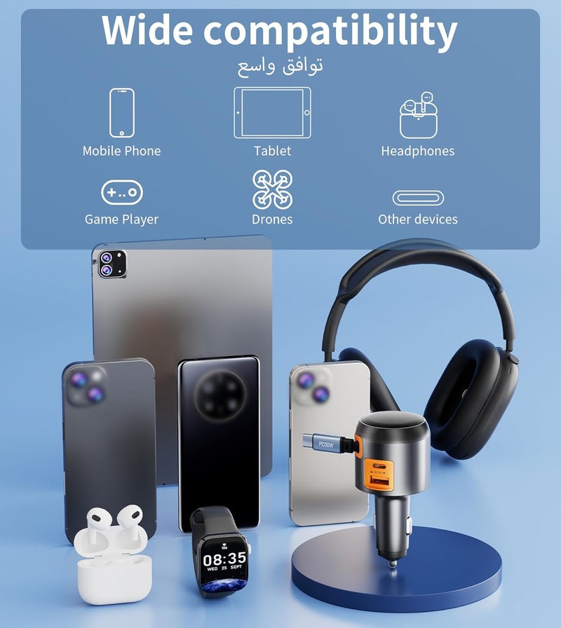 XXZU شاحن السيارة السريع XXZU 3 في 1، شاحن السيارة القابل للسحب بقوة 60W مع كابل USB C مدمج بطول 70 سم، محول ولاعة السجائر بمنفذي USB C و USB A، متوافق مع سلسلة iPhone، Samsung Galaxy، Pixel، iPad - Image 4