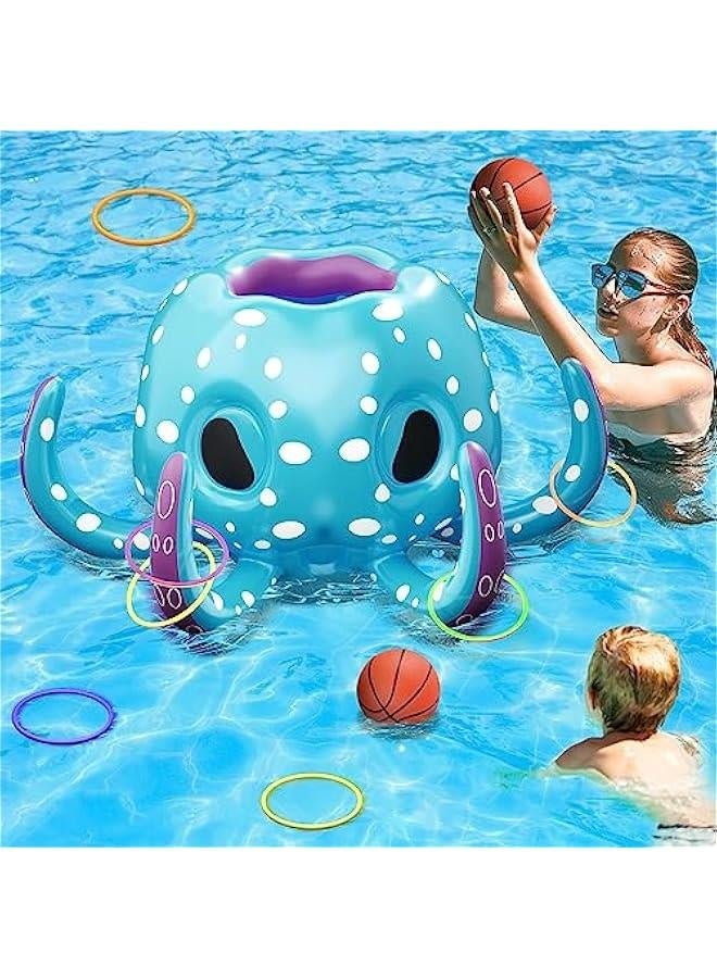 Generic Pool Wave Kids Octopus Pool Toys, 2-in-1 Inflatable Float Water Game, Basketball Hoop Ring Toss Outdoor Swim Play, Cool Summer Family Party Gift 3 4 5 6 7 8 Year Old Boy Girl Child-Blue  - Image 1