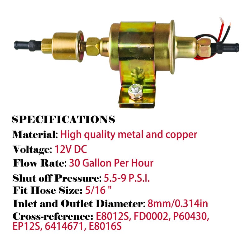 PRUNkuar Universal Electric Fuel Pump 5-9 PSI 30GPH 12V DC E8012S Gasoline and Diesel Fuel Pump for Carburetor Engine E8012S, FD0002, P60430, EP12S, 6414671 - Image 3