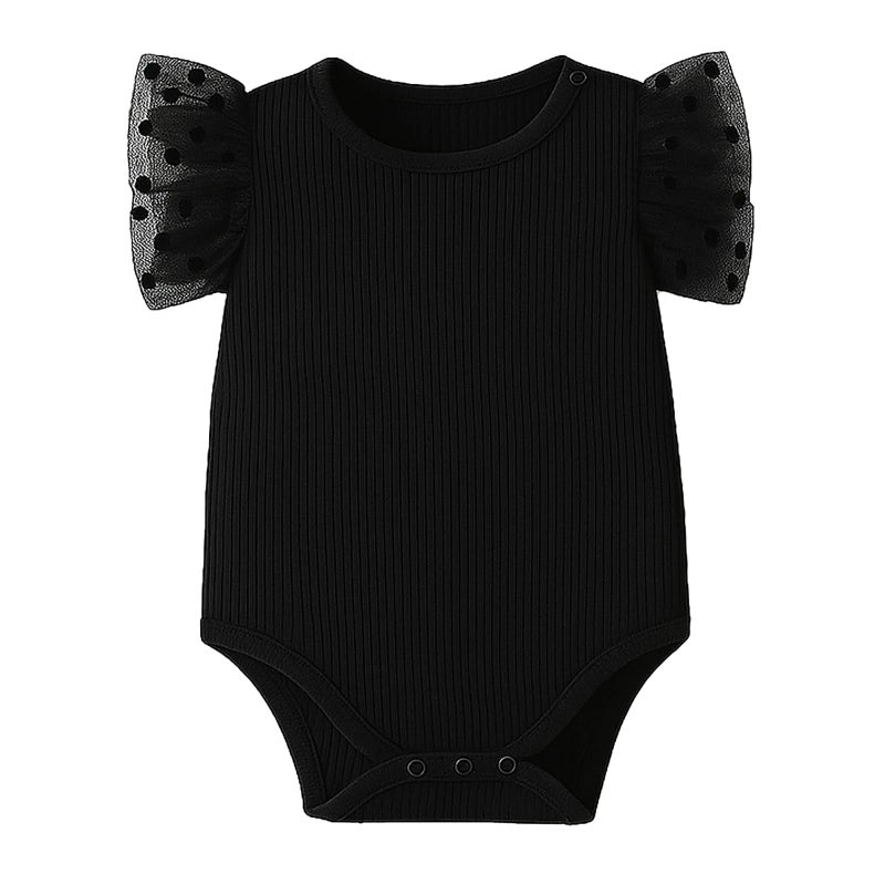 ROMPERINBOX Baby Girl Onsies Polka Dot Mesh Puff Sleeve Rib-Knit Short Sleeve Round Neck Bodysuit, Black, 18-24 Months - Image 1