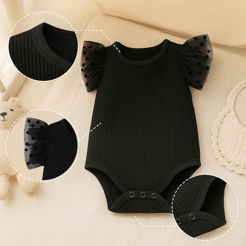 ROMPERINBOX Baby Girl Onsies Polka Dot Mesh Puff Sleeve Rib-Knit Short Sleeve Round Neck Bodysuit, Black, 18-24 Months - Image 2