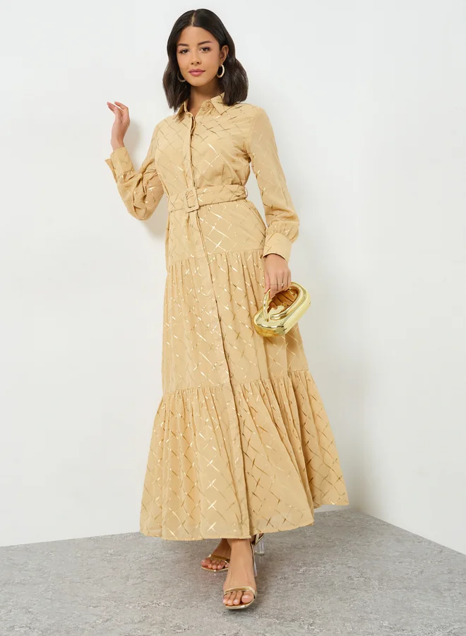 Beige Foil Print Belted Maxi Dress