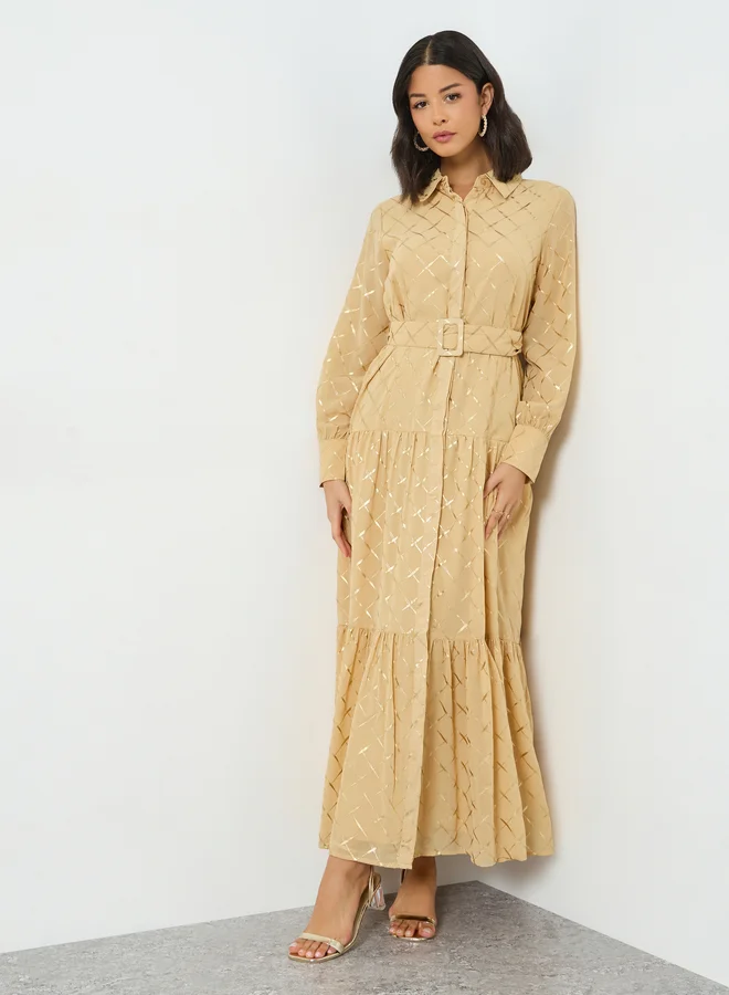 Styli  Beige Foil Print Belted Maxi Dress for Women | Best Price UAE