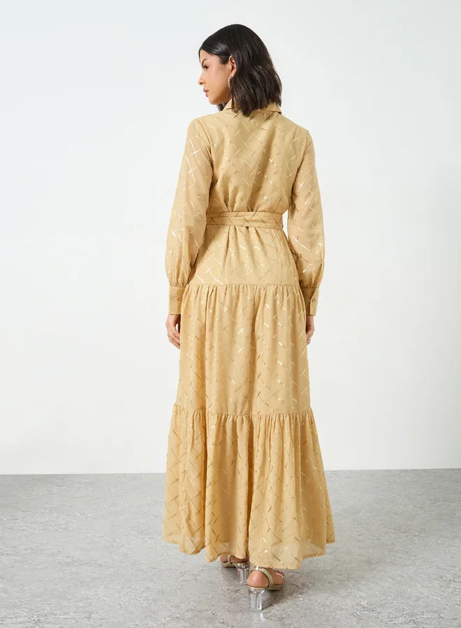 Styli  Beige Foil Print Belted Maxi Dress for Women | Best Price UAE
