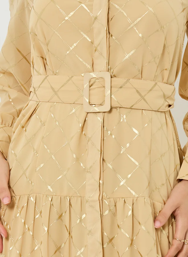 Styli  Beige Foil Print Belted Maxi Dress for Women | Best Price UAE