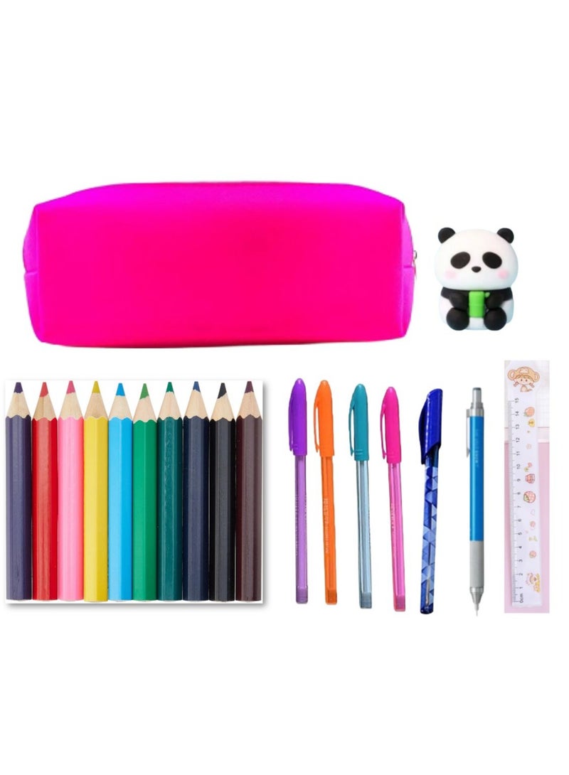مجموعة أدوات مدرسية مكونة من 21 قطعة ( مقلمة بسوستة + 4 الوان فسفوري + 12 الوان خشب + قلم رصاص + استيكة وبرايا + قلم جاف + مسطرة 15 سم) - Image 1