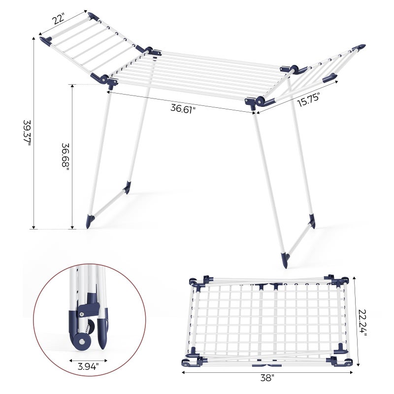 APEXCHASER Clothes Drying Rack Foldable, Large Drying Rack Clothing, Winged Laundry Rack Folding Indoor Outdoor, Metal Clothes Airer for Bedding Towel Sweater Heavy Duty, 68.9" X 22" X41.3", White - Image 2
