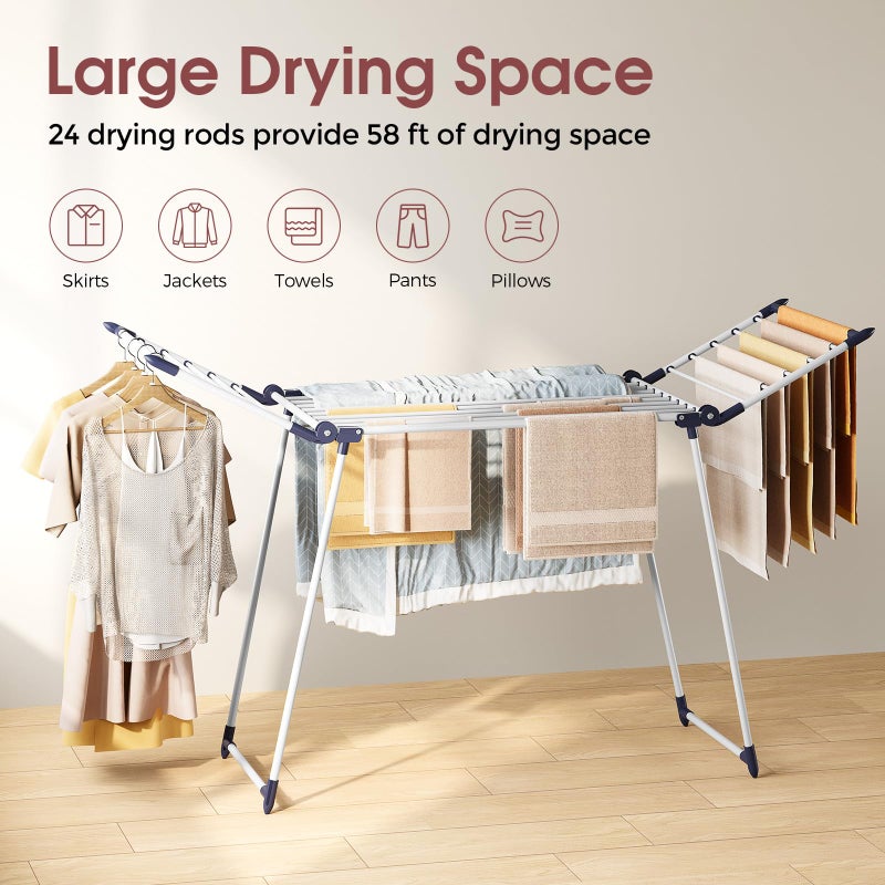 APEXCHASER Clothes Drying Rack Foldable, Large Drying Rack Clothing, Winged Laundry Rack Folding Indoor Outdoor, Metal Clothes Airer for Bedding Towel Sweater Heavy Duty, 68.9" X 22" X41.3", White - Image 3