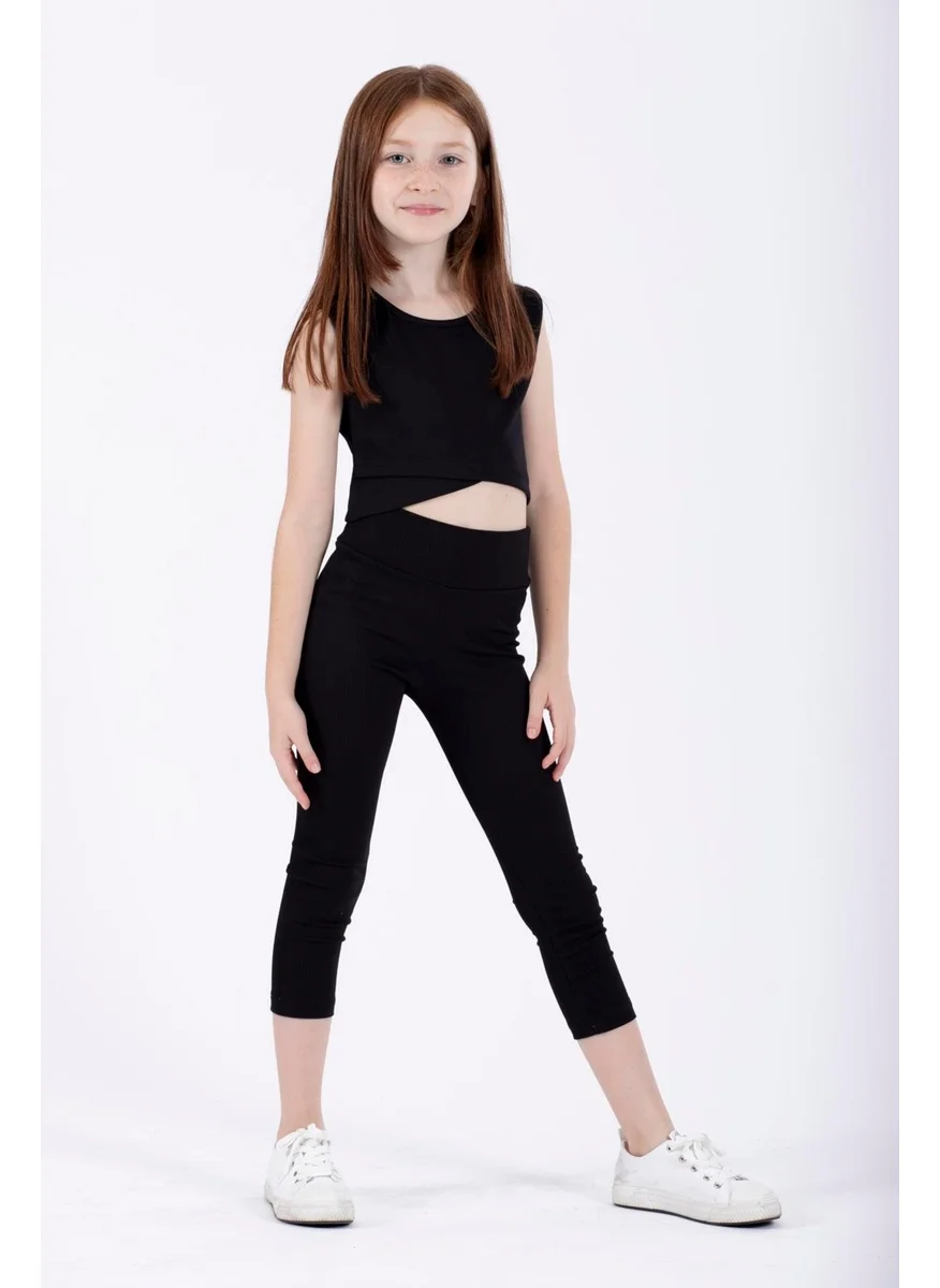 زيبكيدز Crew Neck Zero Sleeve Cross Waist Detail Black Color Girl T-shirt