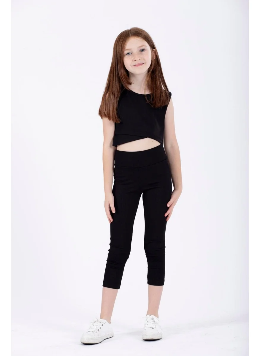 زيبكيدز Crew Neck Zero Sleeve Cross Waist Detail Black Color Girl T-shirt