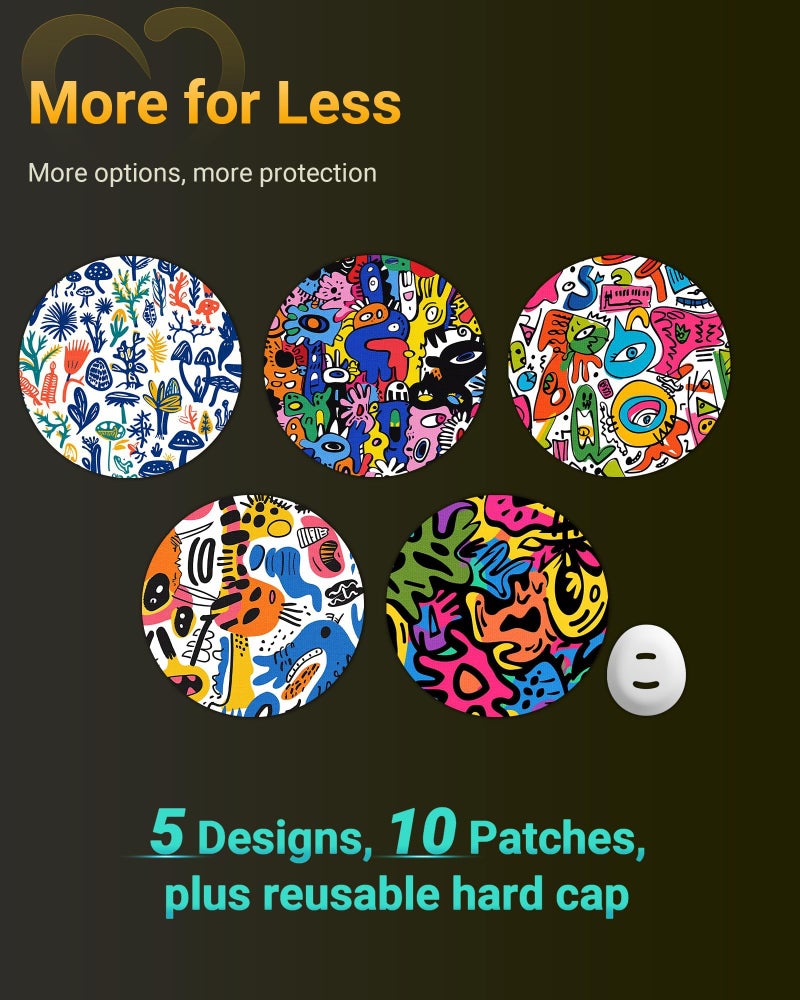 Amolyfe Dexcom G7 Over Patches, Amolyfe 10-Pack Dexcom Stelo Overpatches, Bump-Proof with Hard Cap, Waterproof, Breathable, Medical Adhesive, 15-Day CGM Protection (Graffiti) - Image 2