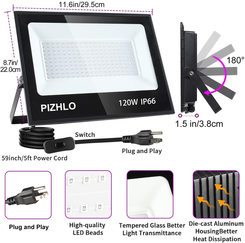 PIZHLO 2 Pack 120W LED Black Light, Blacklight Flood Light with Plug & Switch, IP66 Waterproof Outdoor Black Light Spotlight for Dance Party Fluorescent Poster Body Paint Neon Glow in The Dark Stage Lighting - Image 4