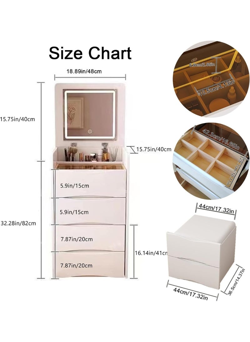 طاولة مكياج مع مرآة علوية قابلة للطي ومقعد مبطن للتخزين قابل للإزالة ومجموعة كراسي طاولة زينة زجاجية ذكية بإضاءة LED، ومجموعة مكتب زينة عصري مع مرآة مضاءة LED ومقعد مبطن و3 أدراج (أبيض، SZZ007) - Image 3