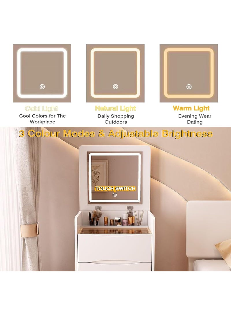 طاولة مكياج مع مرآة علوية قابلة للطي ومقعد مبطن للتخزين قابل للإزالة ومجموعة كراسي طاولة زينة زجاجية ذكية بإضاءة LED، ومجموعة مكتب زينة عصري مع مرآة مضاءة LED ومقعد مبطن و3 أدراج (أبيض، SZZ007) - Image 4