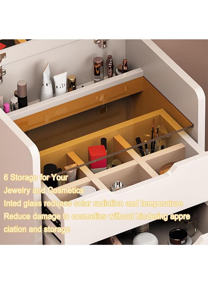 طاولة مكياج مع مرآة علوية قابلة للطي ومقعد مبطن للتخزين قابل للإزالة ومجموعة كراسي طاولة زينة زجاجية ذكية بإضاءة LED، ومجموعة مكتب زينة عصري مع مرآة مضاءة LED ومقعد مبطن و3 أدراج (أبيض، SZZ007) - Image 5
