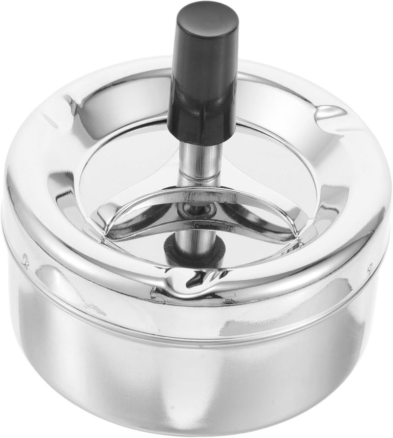 Spinning Tray Metal Covered Cigarette Ashtray with Push Down Mechanism Smokeless Windproof Ash Tray for Home Office Patio Stylish Silver Round Design for Indoor Outdoor Use - Image 1