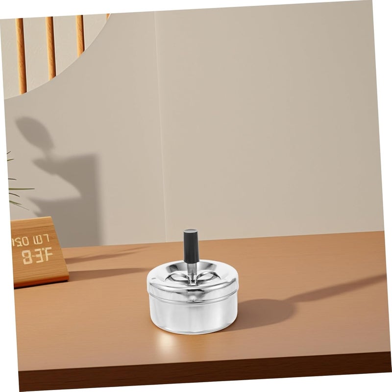 Spinning Tray Metal Covered Cigarette Ashtray with Push Down Mechanism Smokeless Windproof Ash Tray for Home Office Patio Stylish Silver Round Design for Indoor Outdoor Use - Image 5