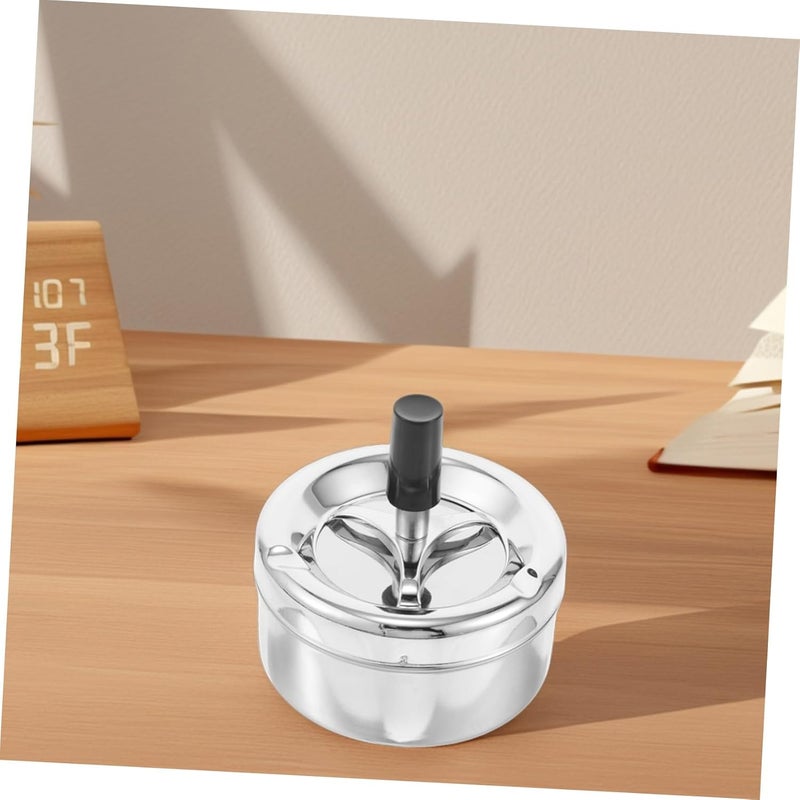 Spinning Tray Metal Covered Cigarette Ashtray with Push Down Mechanism Smokeless Windproof Ash Tray for Home Office Patio Stylish Silver Round Design for Indoor Outdoor Use - Image 4