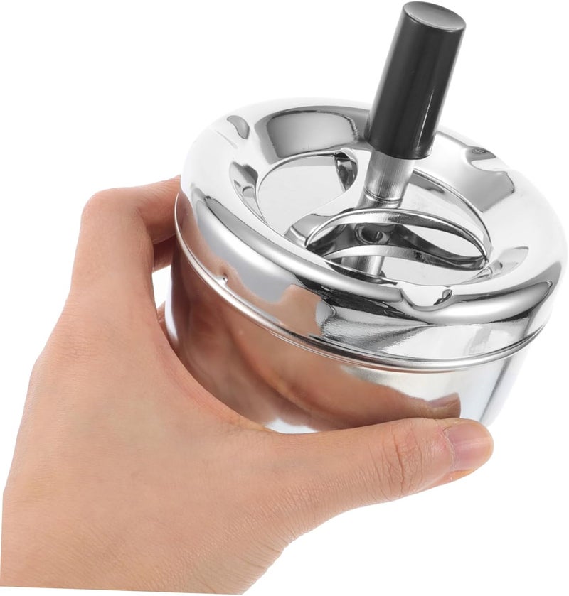 Spinning Tray Metal Covered Cigarette Ashtray with Push Down Mechanism Smokeless Windproof Ash Tray for Home Office Patio Stylish Silver Round Design for Indoor Outdoor Use - Image 3