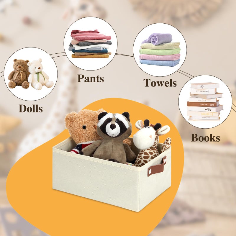 DULLEMELO Storage Bin  Fabric Storage Bin with PU Handles  Decorative Storage Basket and Organizer Bins  Collapsible Storage Bins for Toy Storage  Clothes Organizer (Light Beige 11.8L*7.9W*5.1H) - Image 5