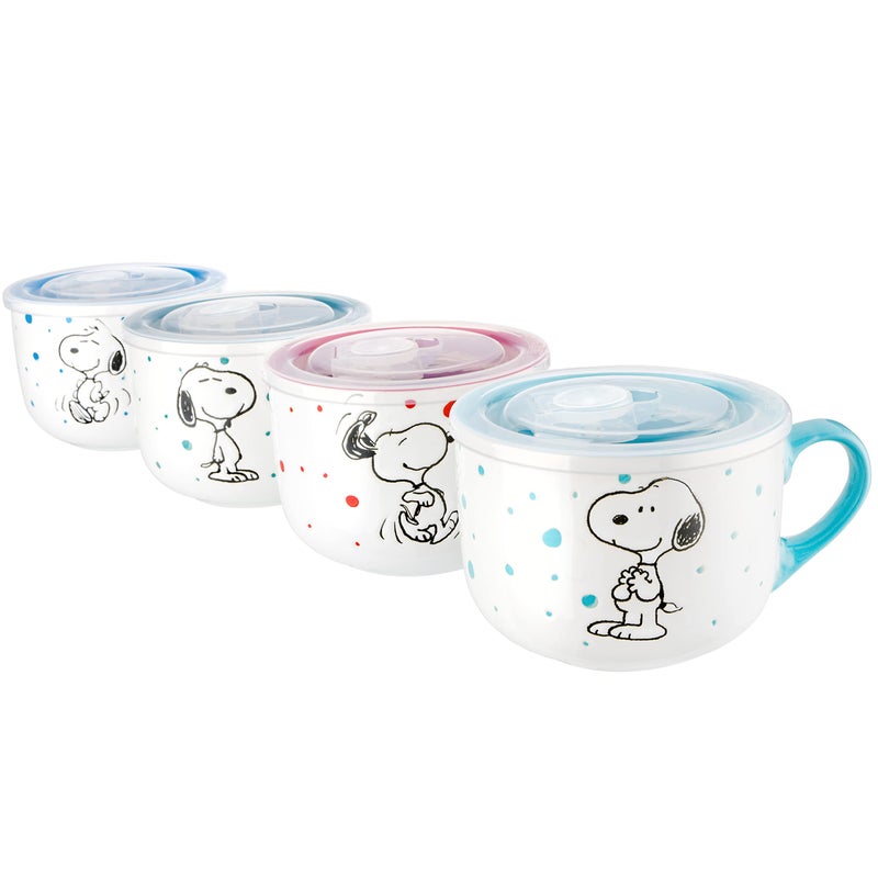 Peanuts Freckled Joy 23oz. Stoneware Soup Bowls w/Clear Lid, 4-Pack, Assorted Colors - Image 1