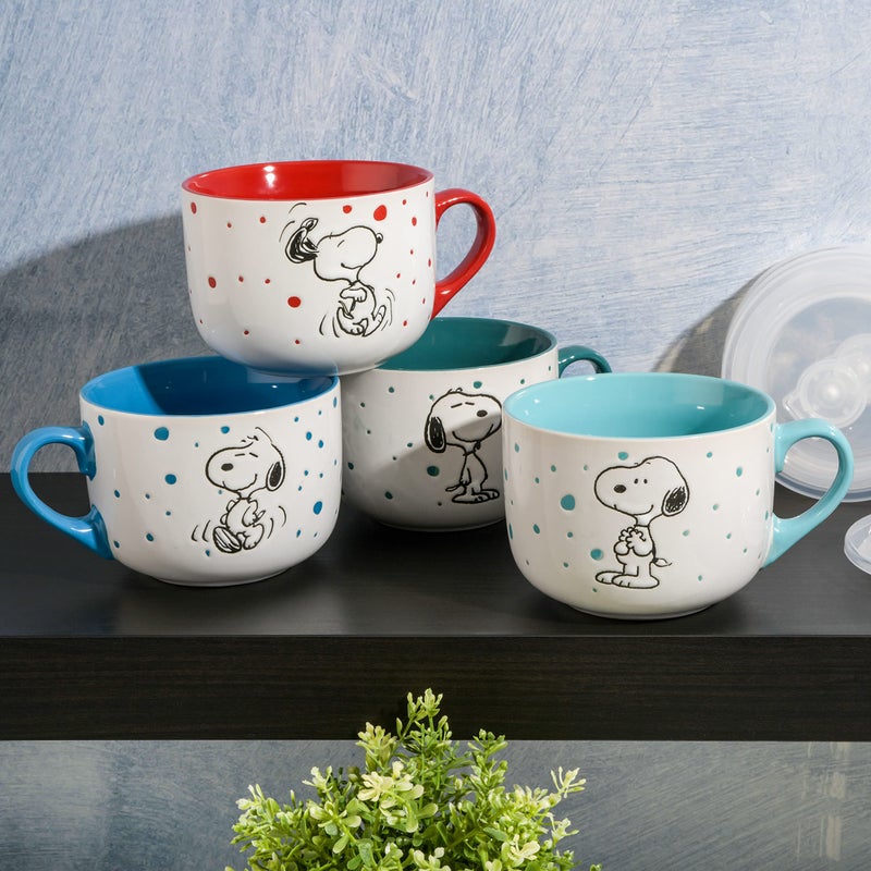 Peanuts Freckled Joy 23oz. Stoneware Soup Bowls w/Clear Lid, 4-Pack, Assorted Colors - Image 3