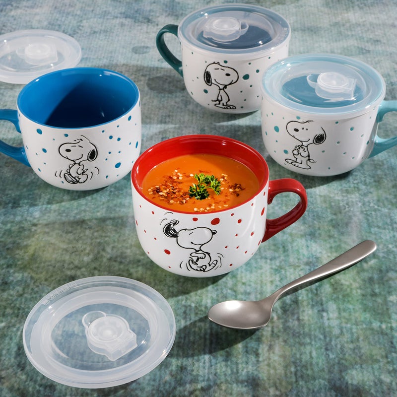 Peanuts Freckled Joy 23oz. Stoneware Soup Bowls w/Clear Lid, 4-Pack, Assorted Colors - Image 2
