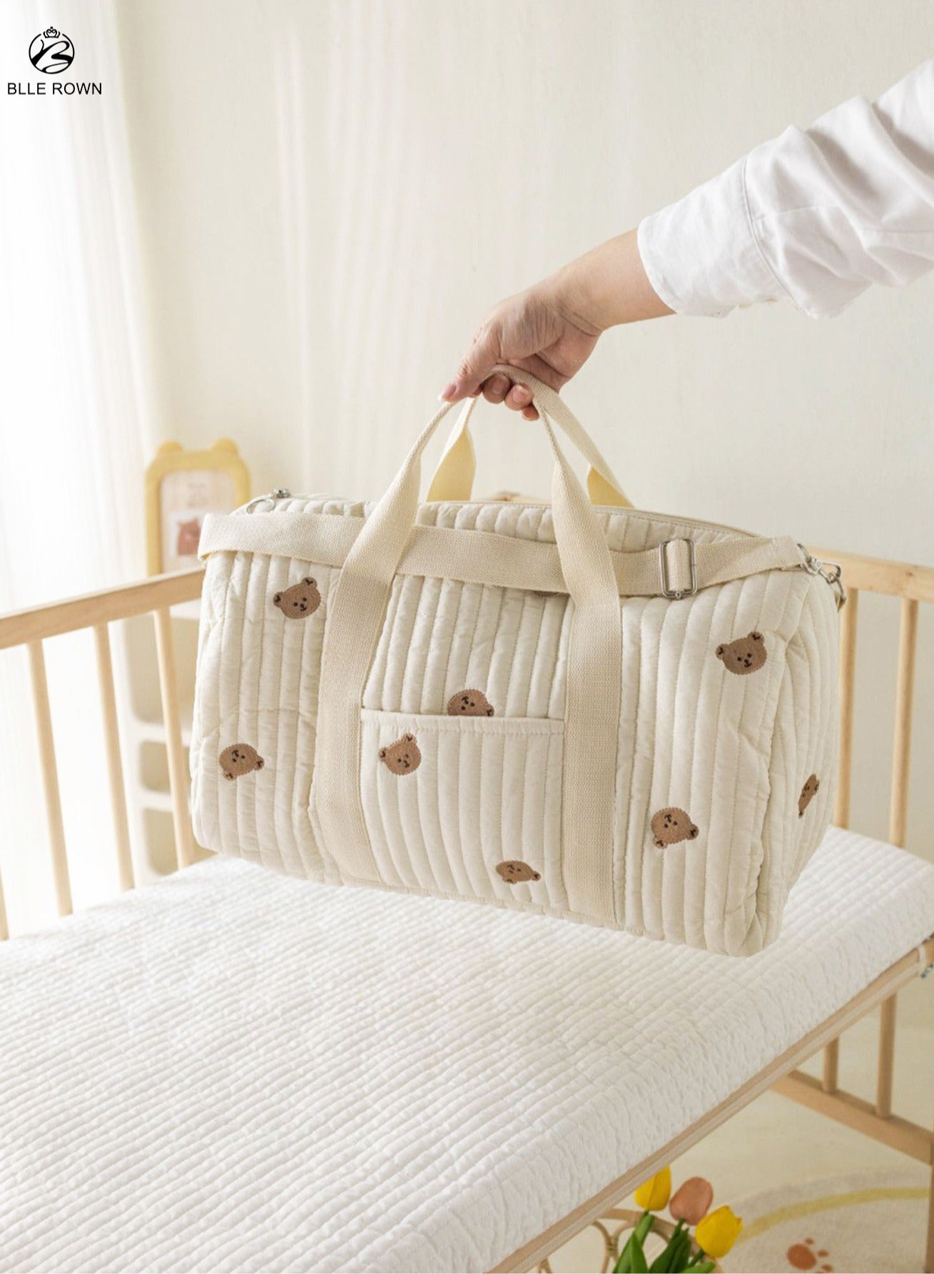 BLLE ROWN Fashionable Embroidered Large Capacity Cute Bear Patterned Diaper Travel Bag,Lightweight Foldable Boston Mommy Tote Bag Handbag,Portable & Shoulder-carried Crossbody Bag,Hospital Bag for Mat