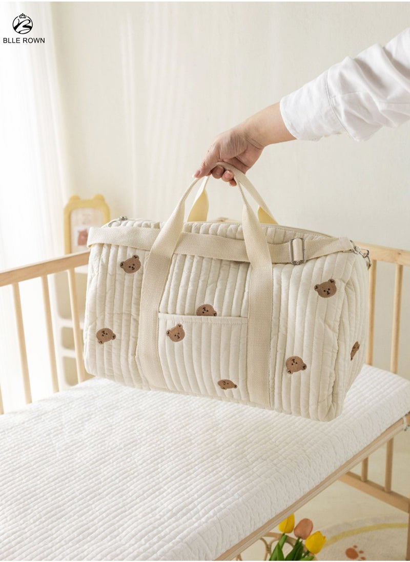 BLLE ROWN - Fashionable Embroidered Large Capacity Cute Bear Patterned Diaper Travel Bag,Lightweight Foldable Boston Mommy Tote Bag Handbag,Portable & Shoulder-carried Crossbody Bag,Hospital Bag for Maternity,Duffel Baby Bag For Travel - Image 1