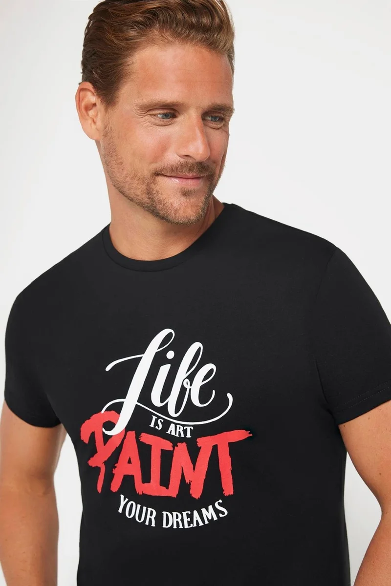 Tudors Men's Slim Fit Slim Cut 100% Cotton Soft Texture Printed Black Crew Neck T-Shirt