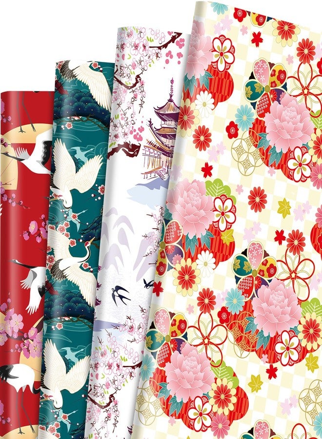 Bolsome 12 Sheets 20 x 28inch Japanese Kimono Gift Wrapping Paper with Line Art Ink Japanese Building Landscape Motives Cranes Sakura Birds Pattern Gift Wrap Paper - Image 1