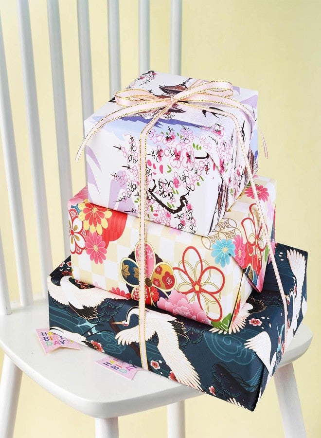 Bolsome 12 Sheets 20 x 28inch Japanese Kimono Gift Wrapping Paper with Line Art Ink Japanese Building Landscape Motives Cranes Sakura Birds Pattern Gift Wrap Paper - Image 3
