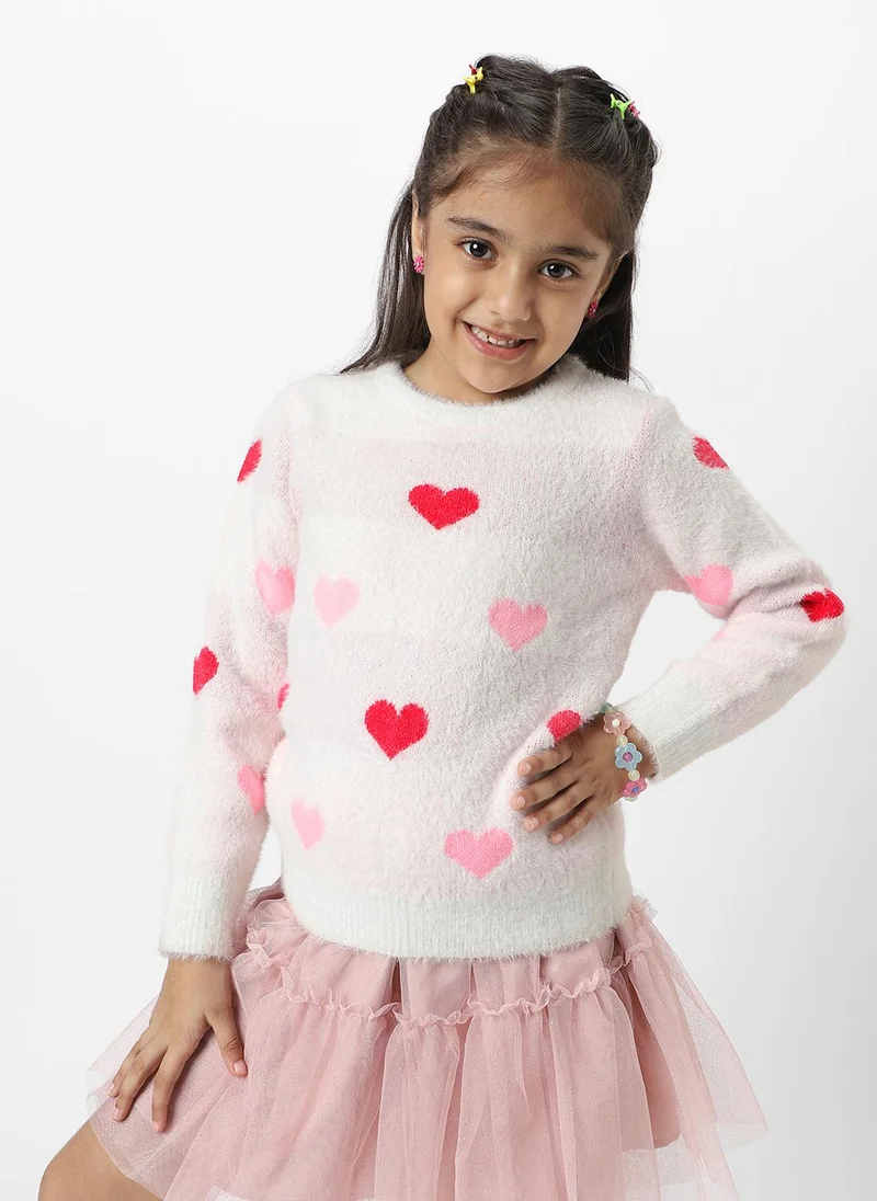 Nautinati Nautinati Girls White Heart Jaquard Full Sleeves Acrylic Sweater