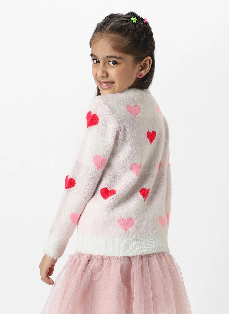 Nautinati Nautinati Girls White Heart Jaquard Full Sleeves Acrylic Sweater