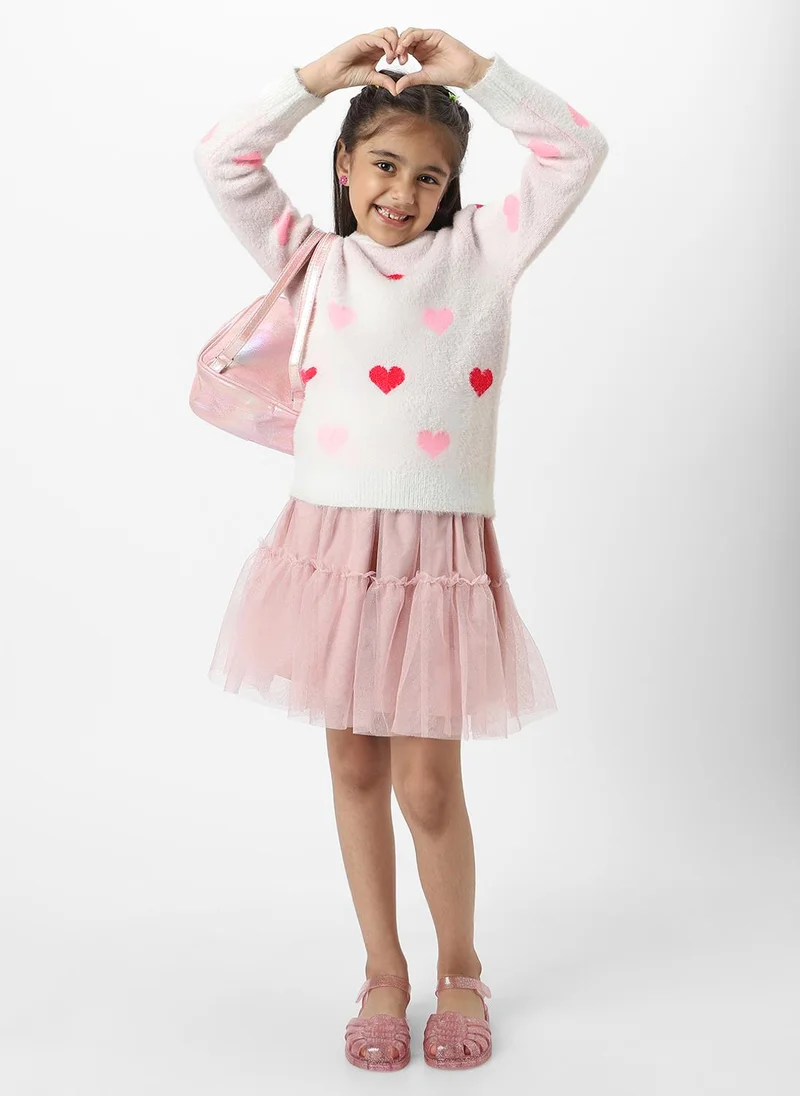 Nautinati Nautinati Girls White Heart Jaquard Full Sleeves Acrylic Sweater