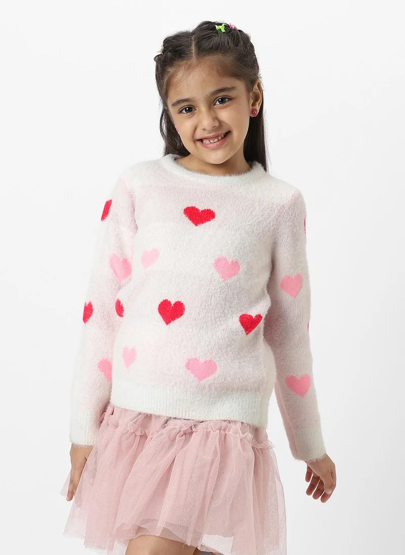Nautinati Nautinati Girls White Heart Jaquard Full Sleeves Acrylic Sweater