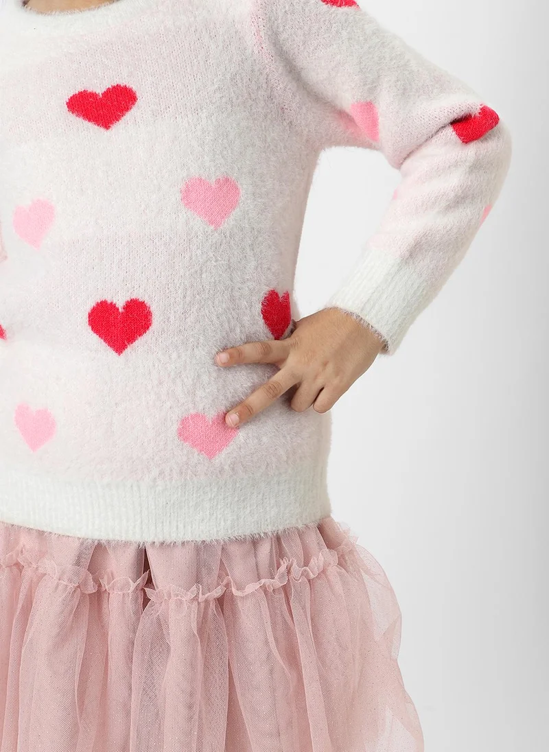 Nautinati Nautinati Girls White Heart Jaquard Full Sleeves Acrylic Sweater