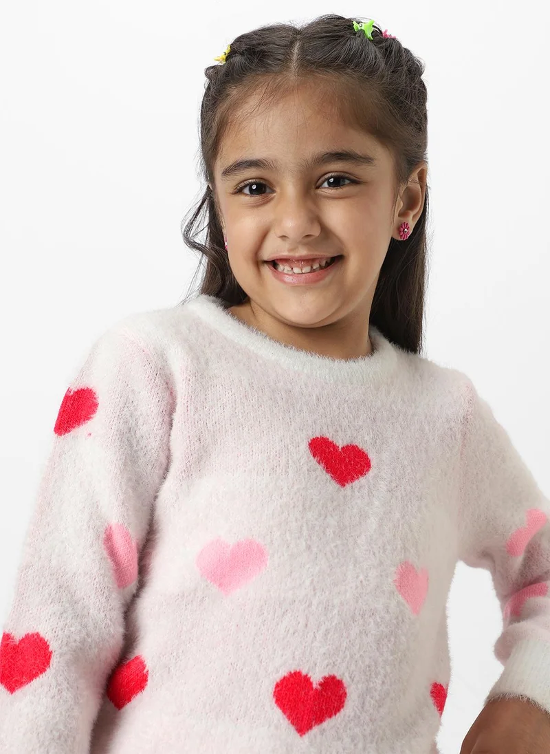Nautinati Nautinati Girls White Heart Jaquard Full Sleeves Acrylic Sweater