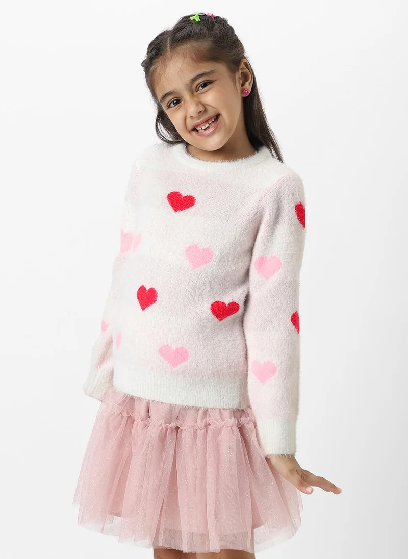Nautinati Nautinati Girls White Heart Jaquard Full Sleeves Acrylic Sweater