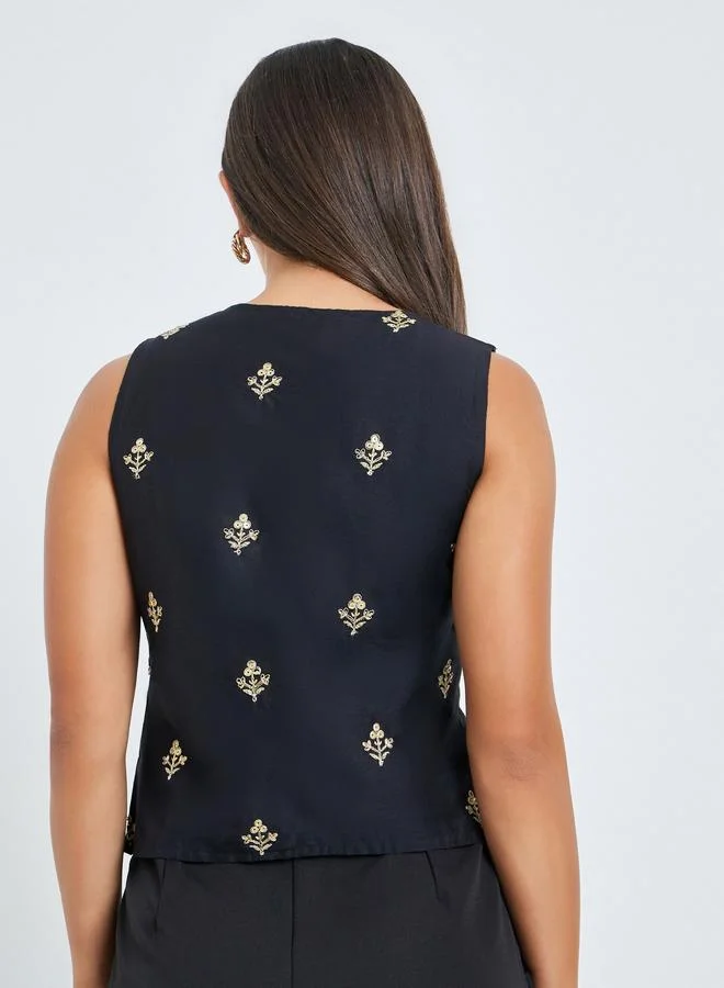 Styli Black Black Embroidered Sleeveless Waistcoat for Women | Best Price UAE