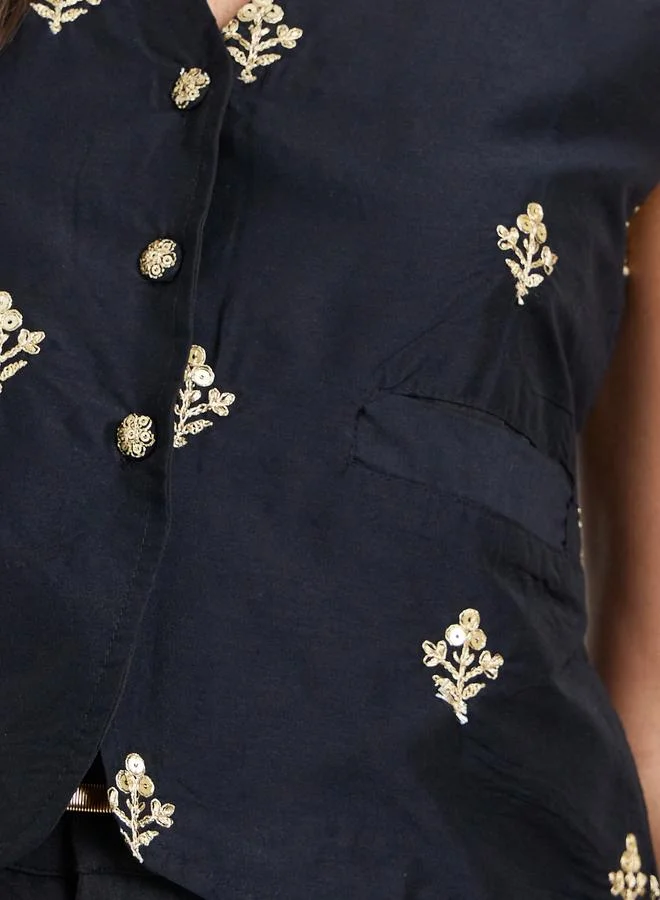 Styli Black Black Embroidered Sleeveless Waistcoat for Women | Best Price UAE
