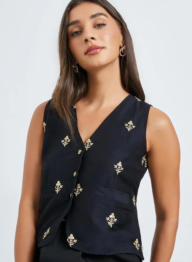 Styli Black Black Embroidered Sleeveless Waistcoat for Women | Best Price UAE