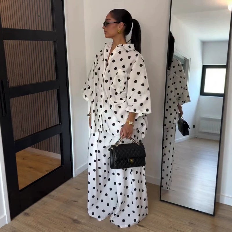 طقم بلوزة قصيرة الأكمام بطبعات النقاط وبنطلون عالي الخصر للنساء 2026 صيفي جديد - Image 2