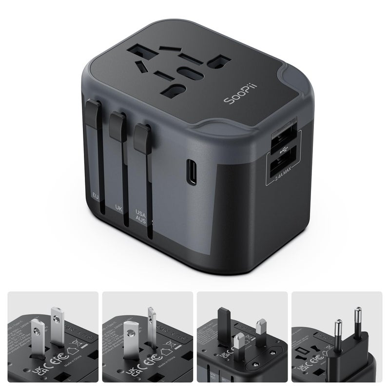 محول سفر عالمي مع 1 منفذ USB C و 2 منفذ USB A 7 في 1 محول قابس سفر عالمي شاحن حائط محول طاقة دولي للاتحاد الأوروبي والولايات المتحدة والمملكة المتحدة وأستراليا وآسيا وغيرها باللون الأسود